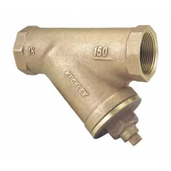 Bronze Y strainer with 1/2 in NPT connections, featuring a 304 stainless steel screen with 0.034 in mesh openings. Fiber seal material. Measures 3 1/4 in height and length. Used to filter debris from liquid or gas lines in industrial piping systems.
