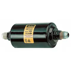 Steel shell liquid line filter drier for 15.1 ton systems. Uses molecular sieve desiccant to remove moisture, acids, and contaminants. Compatible with CFC refrigerants. Length 10.2 inches.