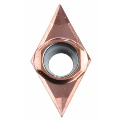 Diamond indexable turning insert for precision machining of non-ferrous materials, composites, and abrasive alloys. Used in turning, facing, and profiling operations requiring fine surface finishes and tight tolerances.