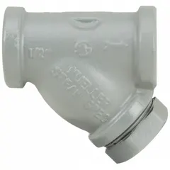 This carbon steel Y strainer has a 3/8 in NPT connection and a perforated 304 stainless steel screen with 0.062 in openings. It uses a spiral wound graphite filled seal. Typical applications include straining debris from steam, water, or process fluids to protect downstream equipment.