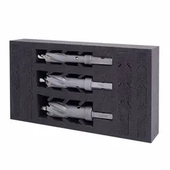 This 3-piece set of carbide tipped hole cutters is designed for cutting holes in metal materials. Each cutter has a maximum cutting depth of 2-1/4 inches. Suitable for use in metal fabrication and construction applications.