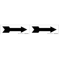 Non-reflective vinyl pipe marker with white background and black directional flow arrow legend. Measures 7 inches wide by 2 1/4 inches long, supplied on a 7-inch-wide roll. Used to indicate flow direction on pipes in industrial and commercial facilities for clear identification during maintenance and safety operations.