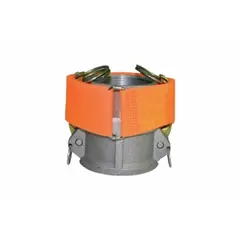 Hook-and-loop closure camlock strap in orange. Designed to secure hose connections, providing an adjustable fit to help prevent accidental disconnections during fluid transfer operations.