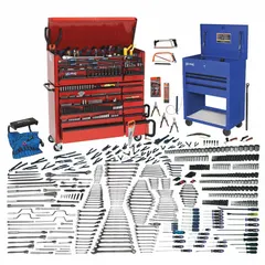Comprehensive 960-piece tool set in Metric/SAE sizes with 1/4 in, 3/8 in, 1/2 in, and 3/4 in socket drives. Includes 130 impact sockets, 27 box end wrenches, 7 nut drivers, and 4 slip-joint pliers. Supplied in a rolling tool cabinet for organized storage and transport. Suitable for maintenance, repair, and assembly tasks in industrial settings.