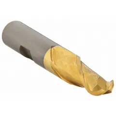 High-speed steel ball end mill with TiN coating, 2 flutes, 1/2" mill diameter, 1" length of cut, and 3-1/4" overall length. Used for contouring, slotting, and profiling in metalworking, producing smooth curved surfaces on ferrous and non-ferrous materials.