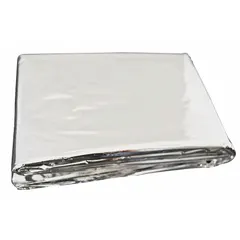 This heat-reflective disposable blanket is made of silver polyester film and measures 52 inches wide by 83 inches long. Designed to retain body heat, it is used in emergency situations such as trauma care, outdoor survival, or disaster response. The blanket is single-use and helps prevent hypothermia.
