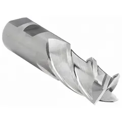 High-speed steel square end mill with 15/16" diameter, 1-7/8" length of cut, and 4-1/8" overall length. Four-flute design for general-purpose milling of ferrous and non-ferrous materials. Suitable for slotting, profiling, contouring, and producing sharp 90° corners in keyways, pockets, and shoulder milling operations.