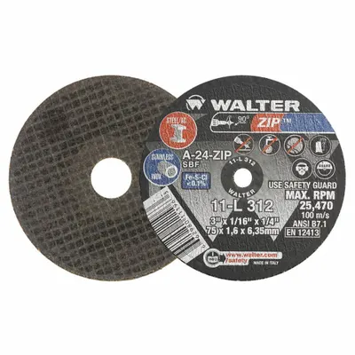 WALTER SURFACE TECHNOLOGIES Abrasive Cut-Off Wheel: Type 1, 3" x 1/16" x 1/4", Aluminum Oxide, 24 Grit - General Purpose Cut-Off Wheels for Carbon & Stainless Steel