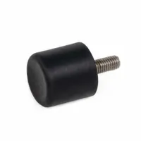 Cylindrical vibration-isolating mount with male x non-threaded style. Constructed from natural rubber with M6 thread size. Used to reduce transmitted vibration and shock in industrial machinery, conveyors, and pumps