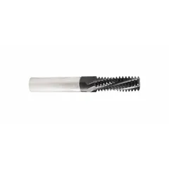 Helical-flute thread mill for internal or external thread cutting. Features 5-flute design and TiAlN-coated carbide construction. Suitable for high-precision threading operations in hard materials.