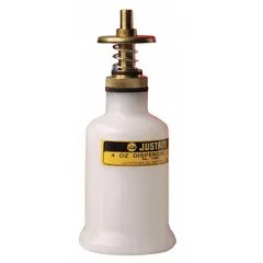 White polyethylene bottle with 4 fl oz capacity for controlled dispensing of solvents. Used in industrial settings for cleaning, degreasing, or lab applications to reduce spill risk.
