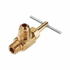 Brass angle-body needle valve with screw-in bonnet and metal tee handle. Features 1/4 in pipe size and Flare x MIP connections (Flare side 1, Male IPS side 2). Suitable for water media and complies with RoHS standards. Used for precise flow regulation in piping systems.