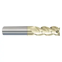 Solid carbide end mill with corner-radius geometry and ZrN coating, designed for machining aluminum and other non-ferrous materials. Three-flute design provides efficient chip evacuation in slotting, profiling, and finishing operations. Mill diameter 9/32", length of cut 13/16".