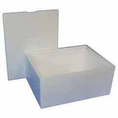 This cardboard insulated shipping container features a white exterior and a 1.5 in thick Styrofoam insert. It is used for temperature-sensitive transport of items requiring thermal protection during shipping.