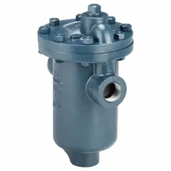 Cast-iron inverted-bucket steam trap with 2-inch FNPT connections, rated for 9,900 lb/hr maximum capacity at 30 psi and 450°F. In-line configuration requires horizontal installation. Strainer not included. Used to remove condensate from steam lines in industrial heating and process systems.