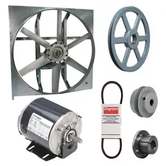 Unassembled belt-drive panel exhaust fan with a 30-inch blade, 1/2 hp motor, and 9,474 cfm capacity. Operates on 208-230/460V AC, 3-phase power with a single-speed, totally enclosed nonventilated motor featuring Class B insulation. Constructed with a zinc-plated steel frame and cast components, without intake guards. Suitable for general ventilation, heat removal, and fume extraction in large industrial or commercial spaces.
