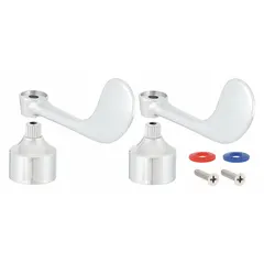 This wristblade handle is constructed of brass with a chrome finish. It is designed for use with hot and cold water faucets. The wristblade style allows operation using the wrist or forearm, suitable for commercial or industrial environments where hands-free operation is desired.