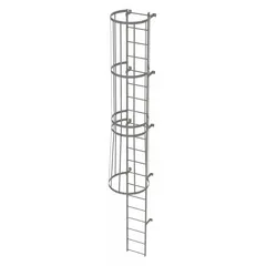Steel fixed ladder with integrated safety cage, 19 ft overall height, 18 in overall width, 20 rungs. Supplied unassembled in two sections. Used for permanent vertical access in industrial settings such as plants, warehouses, and utility facilities.