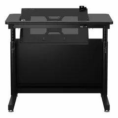 Manual adjustable-height desk with a black wood desktop and black laminate frame. Overall dimensions: 36 inches wide by 24 inches deep. Maximum desktop height: 36 inches. Suitable for sit-stand workstations in office or home office settings.