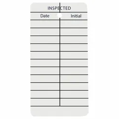 White rectangular aluminum inspection tag for indoor use. Measures 4 inches wide by 2 inches high with 0.02 inch thickness. Printed in English. Pack of 25. Used to mark equipment or areas that have passed inspection for maintenance tracking.
