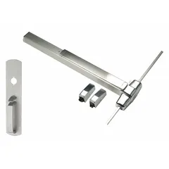 This surface-mounted vertical rod exit device features a touchbar and thumbpiece pull for push-pad operation. Constructed of stainless steel, it is designed for doors up to 3 ft wide. Suitable for commercial egress applications requiring surface vertical rod latching.