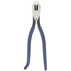 Standard ironworker's pliers with flat jaws, 1 1/4 in jaw length, 1 1/8 in jaw width, and 1/2 in jaw thickness. Overall length 9 1/4 in. Dipped handle for grip. Includes a wire cutter. Used for gripping, bending, and cutting wire in construction and metalworking tasks.