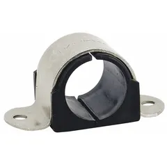 Strap clamp designed to secure 5-inch copper tube with a maximum outer diameter of 5 1/8 inches. Constructed from 304 stainless steel. Used in plumbing, HVAC, and refrigeration systems to support piping while dampening vibration and reducing noise.