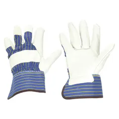 These premium cowhide work gloves feature a beige cowhide palm with a blue/beige cotton back and a polyester fleece liner. The full-finger design includes a safety cuff and wing thumb for enhanced dexterity and wrist protection. Suitable for general industrial handling, assembly, and light material tasks in cooler environments.