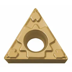 This triangle (T) indexable turning insert is made of CVD carbide. It is used for medium to finishing cuts in turning, facing, and profiling operations on steel, stainless steel, and cast iron.