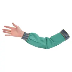 Green treated cotton welding sleeves, universal size, sold as a pair. Designed to protect arms from sparks, spatter, and heat during welding and similar industrial tasks. Flame-retardant cotton construction provides a balance of protection and comfort.