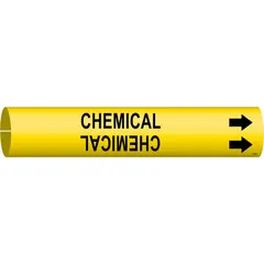 Yellow snap-on pipe marker with black 'Chemical' legend and directional arrows. Fits pipe outer diameters from 2-1/2 to 3-7/8 inches. Used to identify chemical piping and indicate flow direction in industrial facilities.
