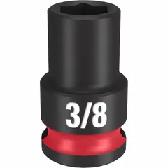 This impact socket features a 3/8" drive size and 3/8" SAE socket size with a 6-point design for secure engagement with fasteners. The standard length and friction ring provide compatibility with impact tools for fastening and loosening applications. Suitable for use in automotive, equipment maintenance, and industrial assembly tasks.