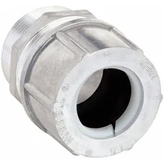 Straight metallic cable grip for securing and sealing cord or liquid-tight flexible metal conduit at a 3 in MNPT box connection. Accommodates cord diameters from 1.69 in to 1.81 in. Aluminum body with silver finish. Rated IP66 for dust and water jet protection and Class II, Division 1 & 2 for hazardous locations. Overall length 4 in.