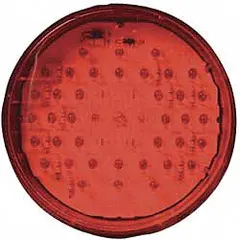Red LED stop light with a round shape, 4 in overall diameter, and 1 11/16 in overall depth. Features a grommet mount for permanent installation and a PL-3 electrical connector. Complies with SAE J585E standards. Used on trucks, trailers, and heavy equipment to signal braking.