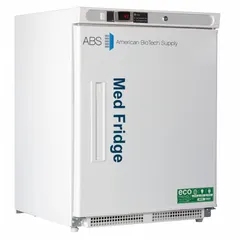 This undercounter lab refrigerator provides a 2°C to 7°C temperature range for storing pharmacy and vaccine products. It features a white finish, a right-opening swing solid door, and a temperature alarm. Uses R-600a refrigerant. Overall depth: 24 1/2 in.