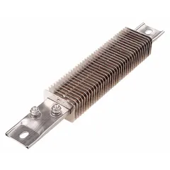 This finned strip heater is designed for forced-convection heating in industrial ovens, drying tunnels, and air-handling units. It operates at 240V AC, single-phase, with a watt density of 33 W/sq in and an overall length of 10 1/2 inches. The offset terminals facilitate installation in ducted or plenum applications.