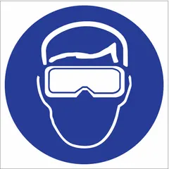 Square eye protection symbol sign with adhesive mounting for indicating mandatory eyewear areas. Nominal size 3/4 in x 3/4 in, 0.004 in thick vinyl. Not retroreflective, not glow-in-the-dark, no anti-slip surface. Supplied as a 36-pack for application on machinery, panels, or walls in industrial settings.