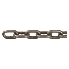 This PEERLESS Grade-43 load-securing chain is made of carbon steel with a straight, plain configuration. It is used for tie-down and securing of heavy equipment and cargo in transportation, construction, and industrial rigging applications.