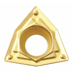 Trigon (W) indexable turning insert for lathe operations. Designed for machining steel, stainless steel, and cast iron in general engineering applications. Provides strong cutting edges and efficient chip control.