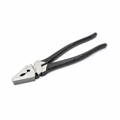 Straight fencing pliers with serrated jaws for gripping, cutting, and twisting fencing wire. Angled head provides leverage for tensioning and splicing. Overall length 8 in, jaw width 1 3/8 in, max jaw opening 1 5/8 in. Suitable for agricultural and property maintenance tasks.