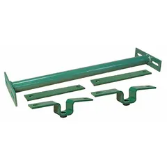 This multi-tier permanent mount conveyor support stand is constructed from steel with a green finish. It is designed for a 16-inch between frame width and has a 16-inch overall width. Used to elevate and stabilize conveyor systems in industrial material handling applications such as production lines, warehouses, and distribution centers.