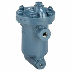 Cast-iron inverted-bucket steam trap with 1/2 in FNPT connection, rated for 2,000 lb/hr at 30 psi maximum pressure and 450°F maximum temperature. In-line configuration for horizontal installation. Integral strainer protects downstream equipment. Used to remove condensate from steam lines in heating and process systems.