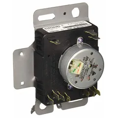 OEM replacement timer for Whirlpool dryers. Controls cycle duration and sequencing of heat, tumbling, and cool-down phases. Used in residential laundry appliances to manage drying operations.