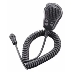 The ICOM HM126RB is a waterproof speaker microphone with an IPX7 rating, designed for use with ICOM M504 and M604 series marine radios. It features a 20-inch cord, push-to-talk operation, and an 8-pin round plug connector. The microphone is black and provides clear audio communication in demanding environments.