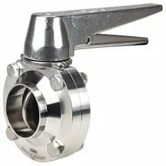 This 3-A certified butterfly valve features a 316L stainless steel body and disc with an average surface roughness of ≤ 32 micron, suitable for sanitary flow control. It has a solder end connection, lever handle with 13 stop positions, and a maximum pressure rating of 85 psi (CWP). Typical applications include food, dairy, beverage, and pharmaceutical processing where hygienic conditions are required.