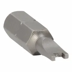 This tamper-resistant screwdriver bit is designed for removing and installing universal refrigerant caps on HVAC and refrigeration systems. Made of steel with a black finish, it helps prevent unauthorized access to refrigerant ports. Includes bits for use with universal refrigerant types.