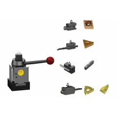 This CA-style tool post and holder set is designed for lathes with a swing of 16 in to 20 in. It includes a TCMT-32.52-PEM-DPC25UT insert and is suited for turning, facing, and boring operations in industrial metalworking.