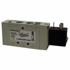 Single solenoid, four-way, two-position directional control valve with spring return. Operates on 12V DC and includes a locking manual override. Used in pneumatic systems to control airflow for actuating double-acting cylinders or other automated processes.
