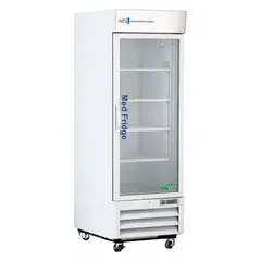 This upright pharmacy refrigerator provides 23 cu ft of storage capacity for vaccines, medications, and biological samples requiring a controlled 2°C to 7°C environment. It features a white swing glass door that opens to the right, a temperature alarm for safety, and uses R-290 refrigerant. Overall depth is 34 3/4 inches.