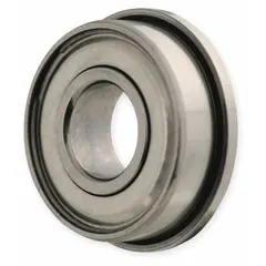 This flanged ball bearing has a 1/8 in bore, 3/8 in outside diameter, and 0.44 in flange diameter. It is double shielded and identified by bearing industry number R2. The flanged design provides axial location and simplifies mounting in housings without separate shoulders. Suitable for light-duty applications requiring compact radial support.